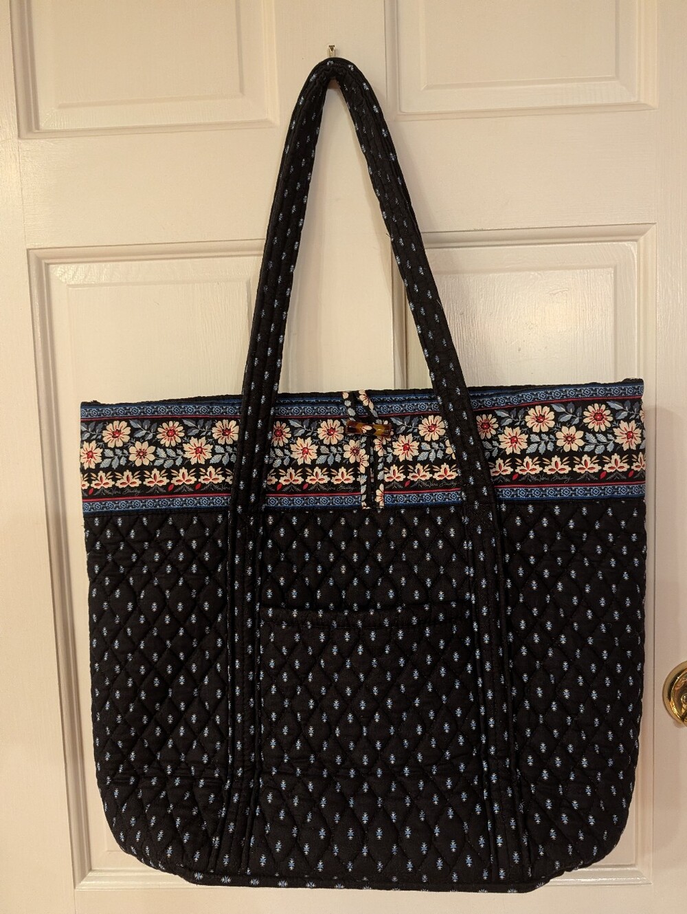 Vera Bradley Metropolitan Black Quilted Large Tote with Blue Red Floral Trim